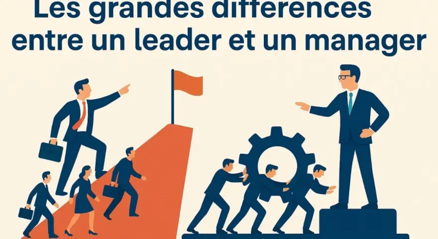 Illustration montrant la différence entre manager et leader : un leader guide vers un sommet, un manager dirige une équipe poussant une roue dentée.