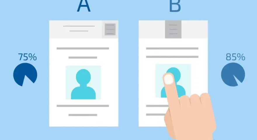 Test A/B pour developper un produit : 75% vs 85%. Une main interagit avec la version B.