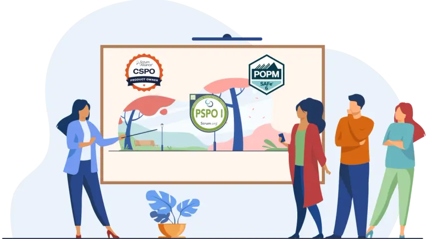 Une équipe discute des certifications : CSPO, PSPO I et POPM SAFe 6.