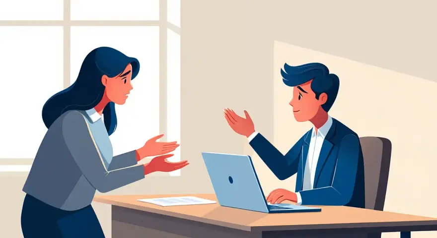 Une femme exprime son mécontentement, mains tendues, face à un homme en costume souriant derrière un bureau avec un ordinateur portable.