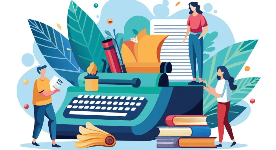 Des gens créatifs autour d'une machine à écrire, un exemple de note d'information sur l'écriture et la lecture.