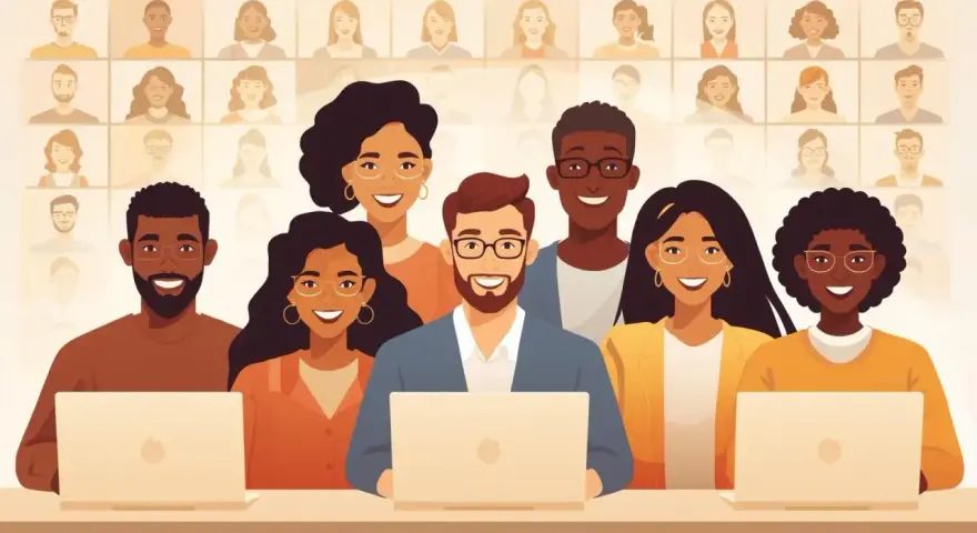Une équipe diversifiée participe à une réunion virtuelle, illustrant le **team building digital**.