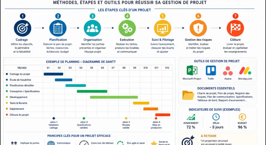 Les étapes clés d'un projet : cadrage, planification, organisation, exécution, suivi, gestion des risques et clôture. Ce schéma illustre la portée d'un projet.
