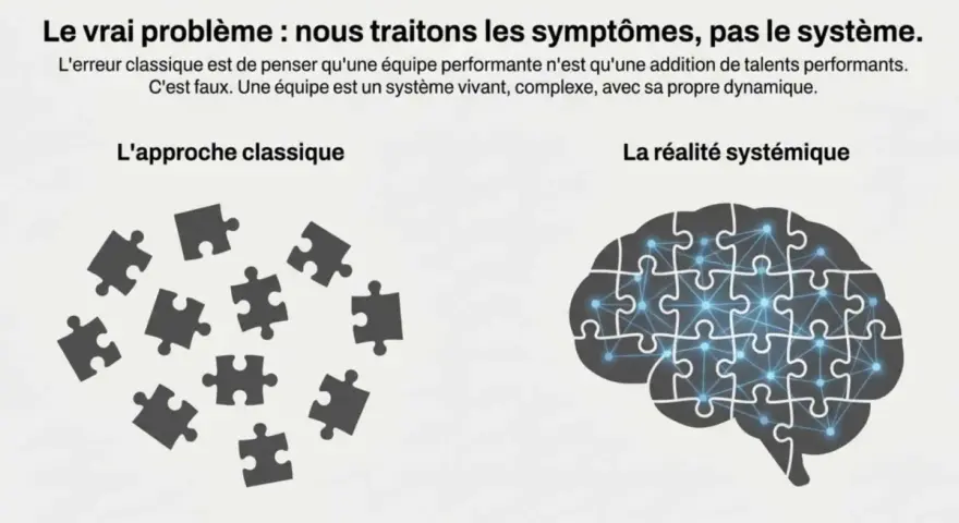 Illustration pour un atelier cohésion de groupe : pièces de puzzle éparpillées vs. un cerveau formé de pièces assemblées, symbolisant le système.