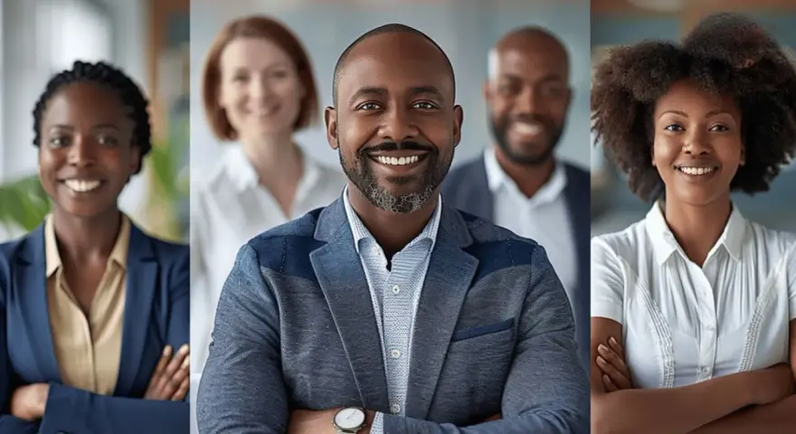 Une équipe diversifiée et souriante, prête à déléguer les tâches pour atteindre le succès.