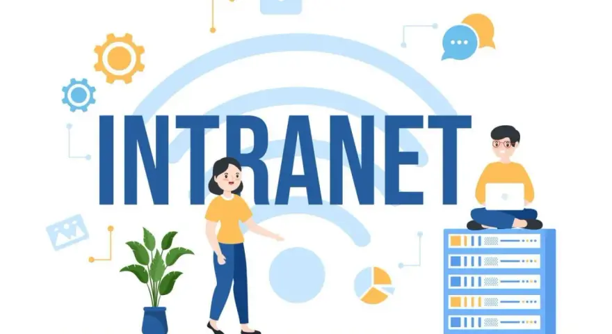Illustration d'un intranet, avec des icônes de communication et des personnes interagissant avec la technologie pour une communication interne fluide.