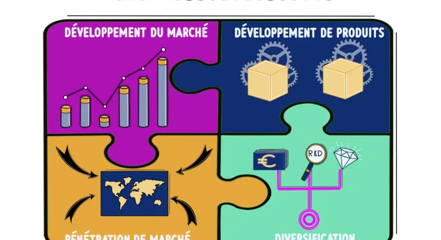Matrice d'Ansoff illustrant quatre axes de croissance : développement marché, développement produits, pénétration marché et diversification. Une option stratégique pour l'entreprise.