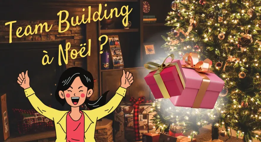 Ambiance festive pour des jeux de Noël entre collègues : un sapin scintillant, des cadeaux et une illustration joyeuse.