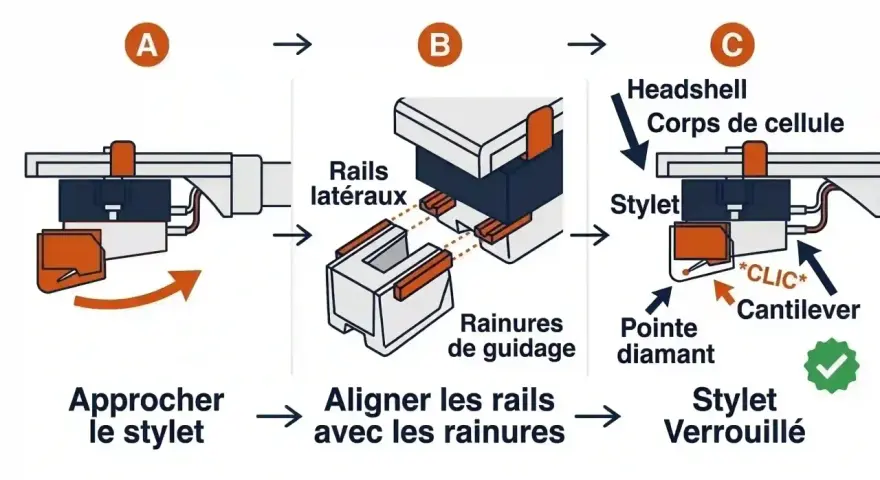Schéma illustrant l'installation d'un diamant de Leavitt sur un corps de cellule. Le stylet est approché, aligné avec les rainures, puis verrouillé avec un clic.