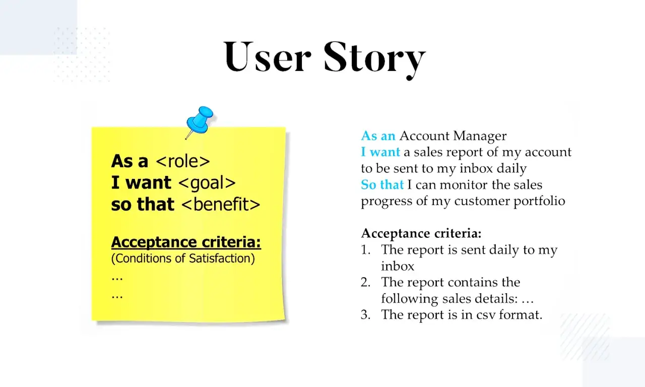 Exemple de user story : En tant que Manager Compte, je veux un rapport des ventes quotidien pour suivre la progression de mon portefeuille client.