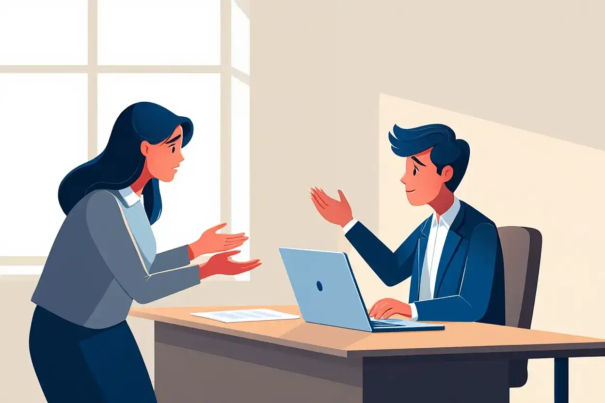 Une femme exprime son m&eacute;contentement, mains tendues, face &agrave; un homme souriant derri&egrave;re un bureau avec un ordinateur portable.