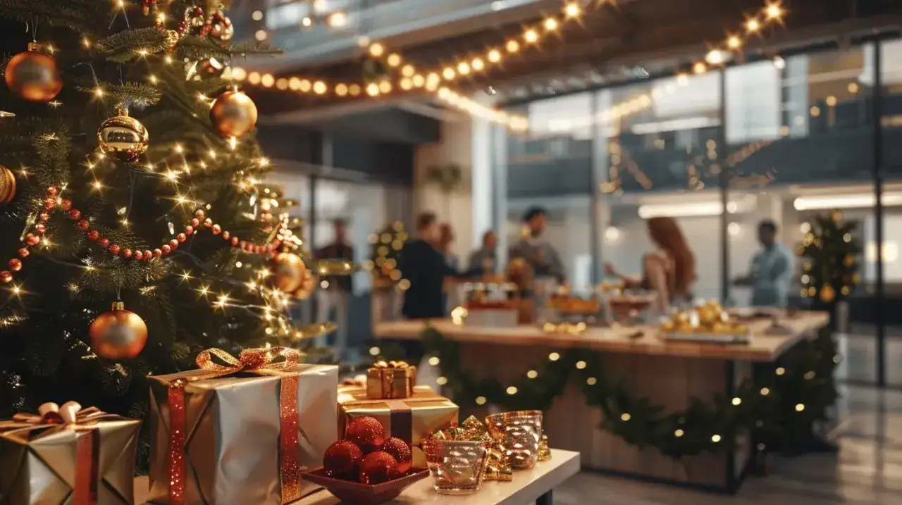 Un sapin d&eacute;cor&eacute;, des cadeaux emball&eacute;s et des lumi&egrave;res scintillantes annoncent une joyeuse soir&eacute;e de No&euml;l entreprise.