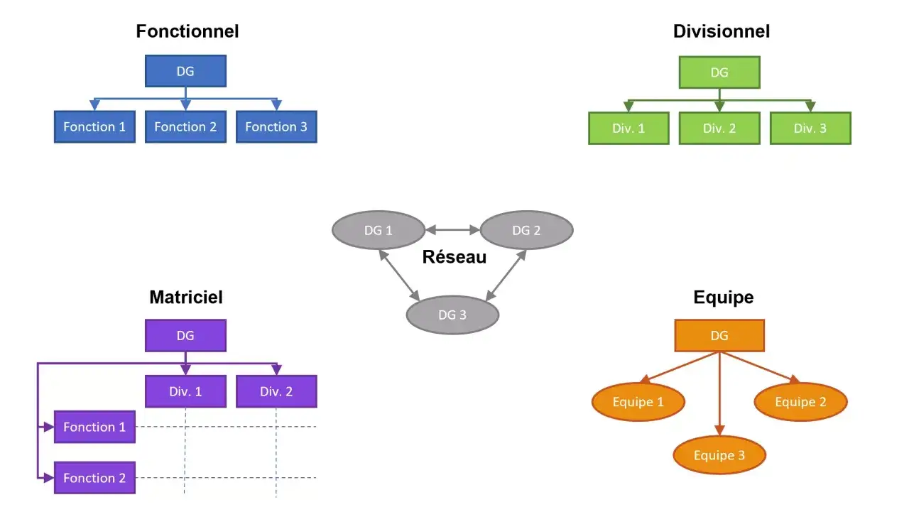 Sch&eacute;mas illustrant diff&eacute;rents types d'organisation d'entreprise : fonctionnelle, divisionnelle, matricielle, en r&eacute;seau et par &eacute;quipe.