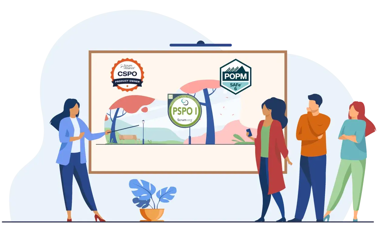 Une équipe discute des certifications PSPO I, CSPO et POPM SAFE 6 devant un tableau.