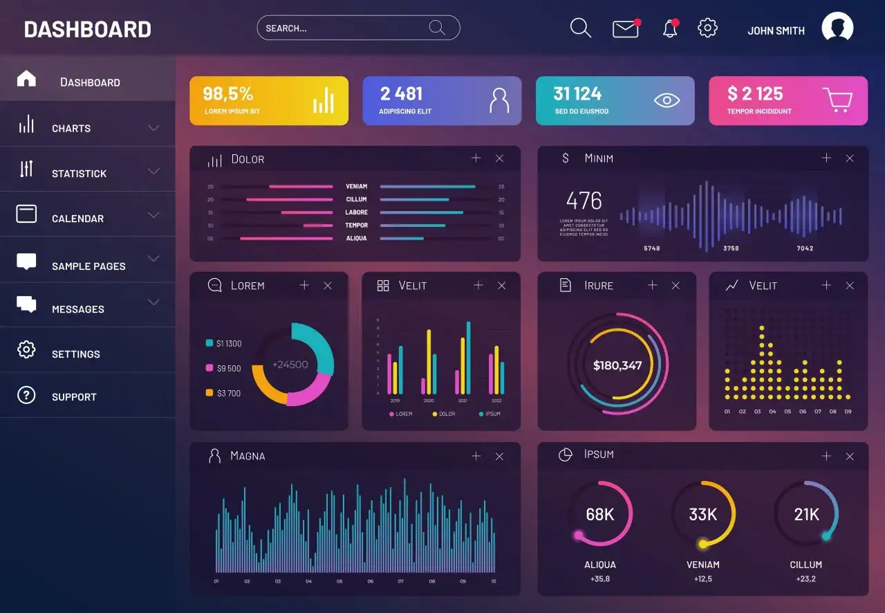 Tableau de bord avec graphiques et statistiques, un plan de gestion exemple pour visualiser les donn&eacute;es.