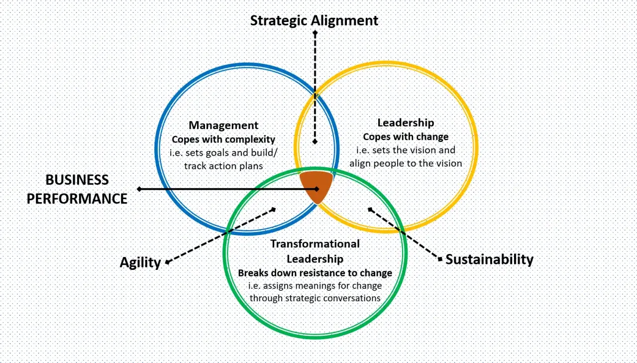 Diagramme montrant que la gestion, l'administration, le leadership et le leadership transformationnel sont essentiels à la performance.