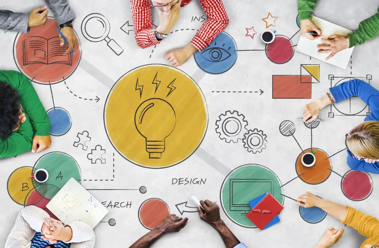 Des personnes collaborent autour d'un sch&eacute;ma visuel, illustrant des techniques d'animation de r&eacute;union participative pour g&eacute;n&eacute;rer des id&eacute;es et concevoir des projets.