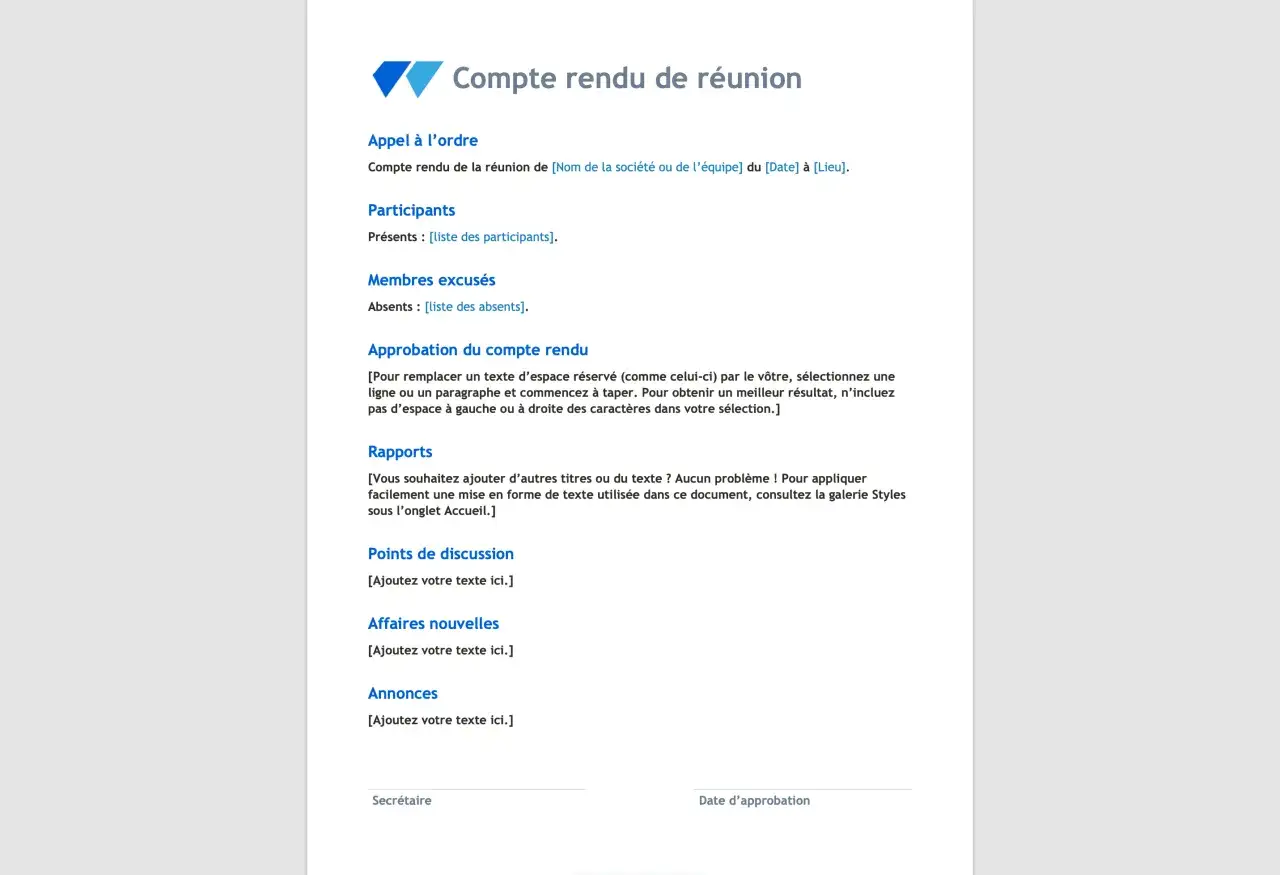 Modèle de compte rendu de réunion avec sections pour l'ordre du jour, les participants, l'approbation, les rapports, les points de discussion, les affaires nouvelles et les annonces.