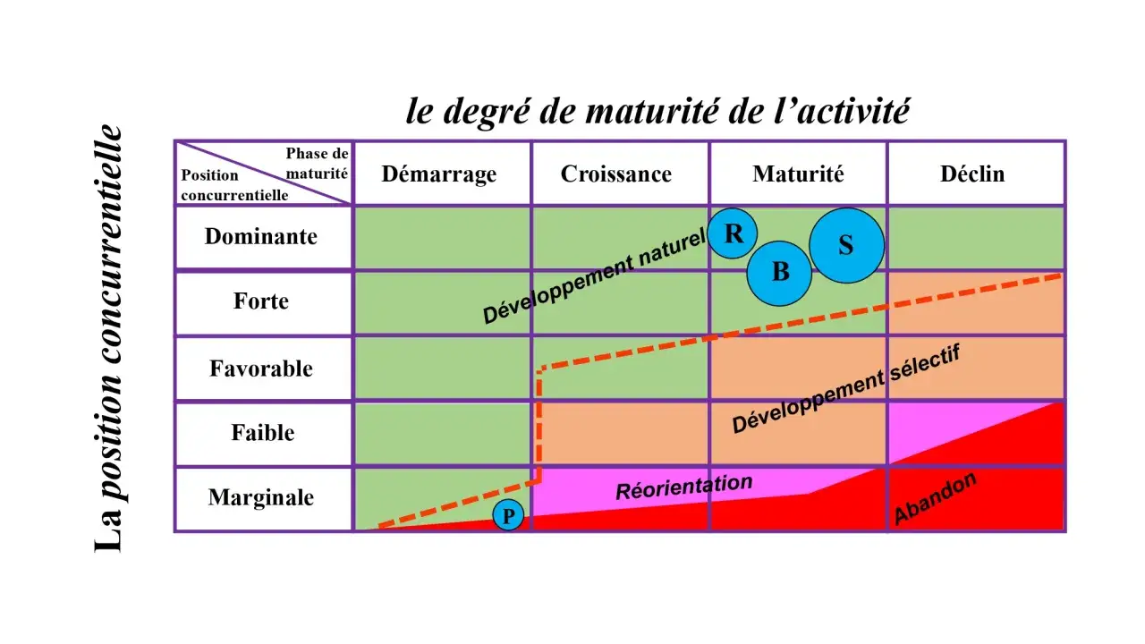 Matrice ADL montrant le degré de maturité de l'activité face à la position concurrentielle. Des zones indiquent le développement naturel, sélectif, la réorientation et l'abandon.