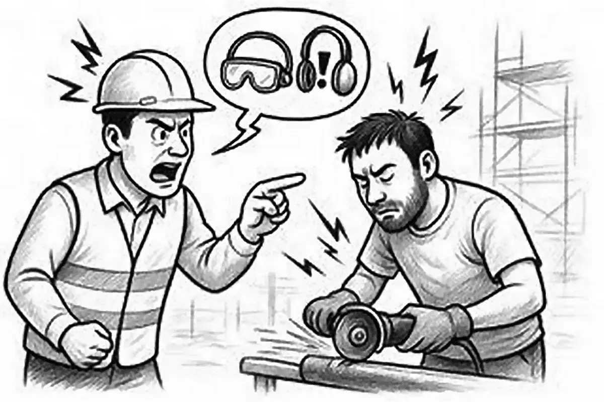 Un chef de chantier gronde un ouvrier qui n'a pas ses protections. Une sc&egrave;ne illustrant la gestion de projet de construction et la s&eacute;curit&eacute;.