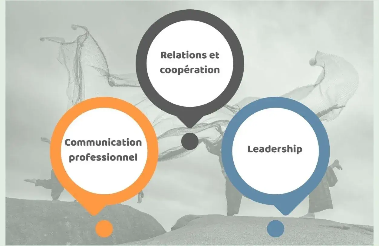 Trois cercles décrivent les clés pour avoir du charisme : communication, relations et leadership.
