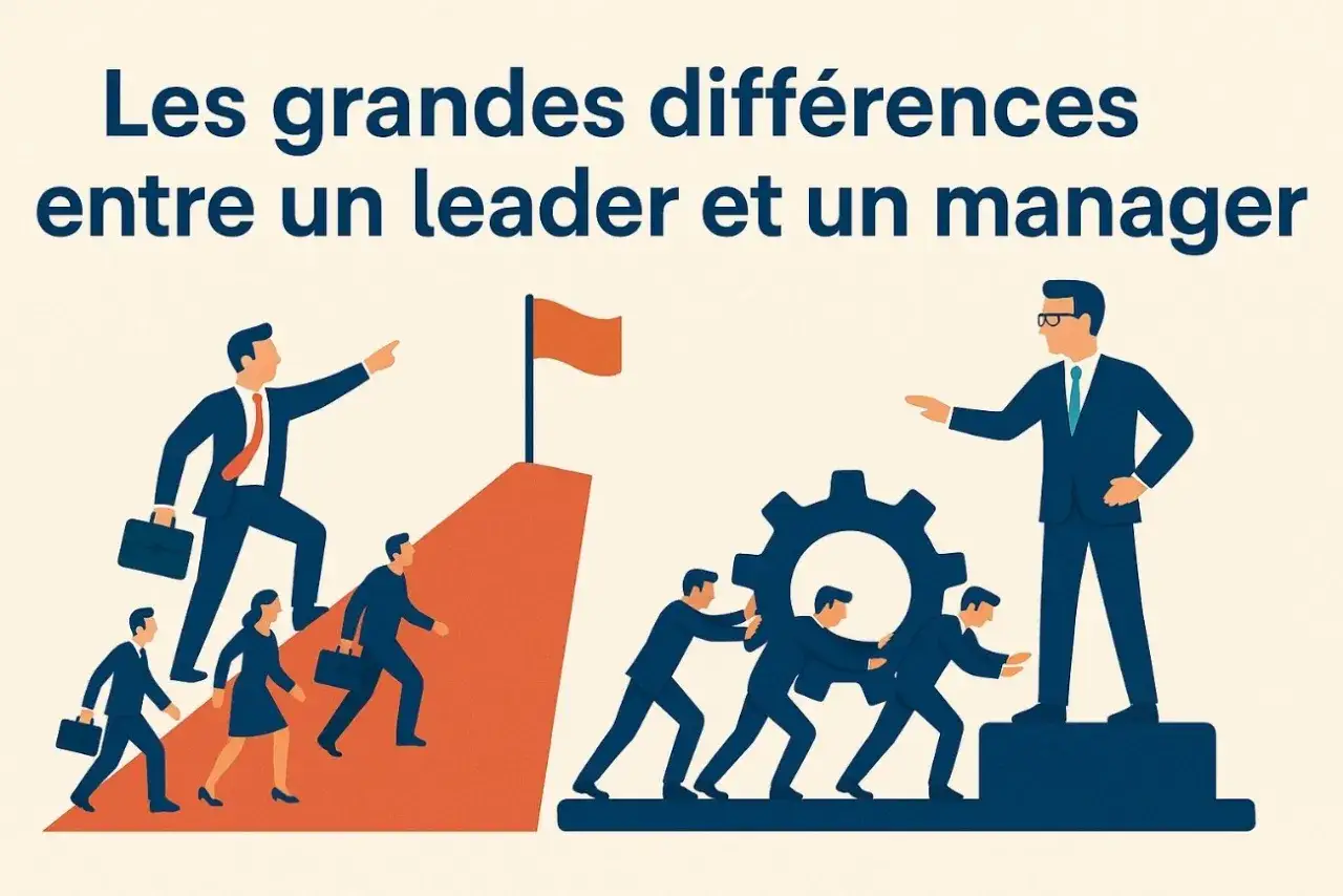 Illustration montrant la diff&eacute;rence entre manager et leader. Un leader guide vers un sommet, un manager dirige une &eacute;quipe poussant une roue dent&eacute;e.