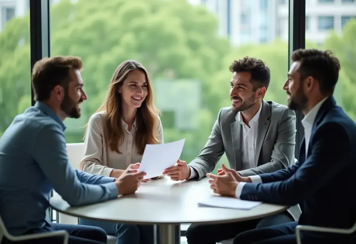 &Eacute;quipe discutant de projets, illustrant le management et la communication. Ils &eacute;changent des documents et sourient.