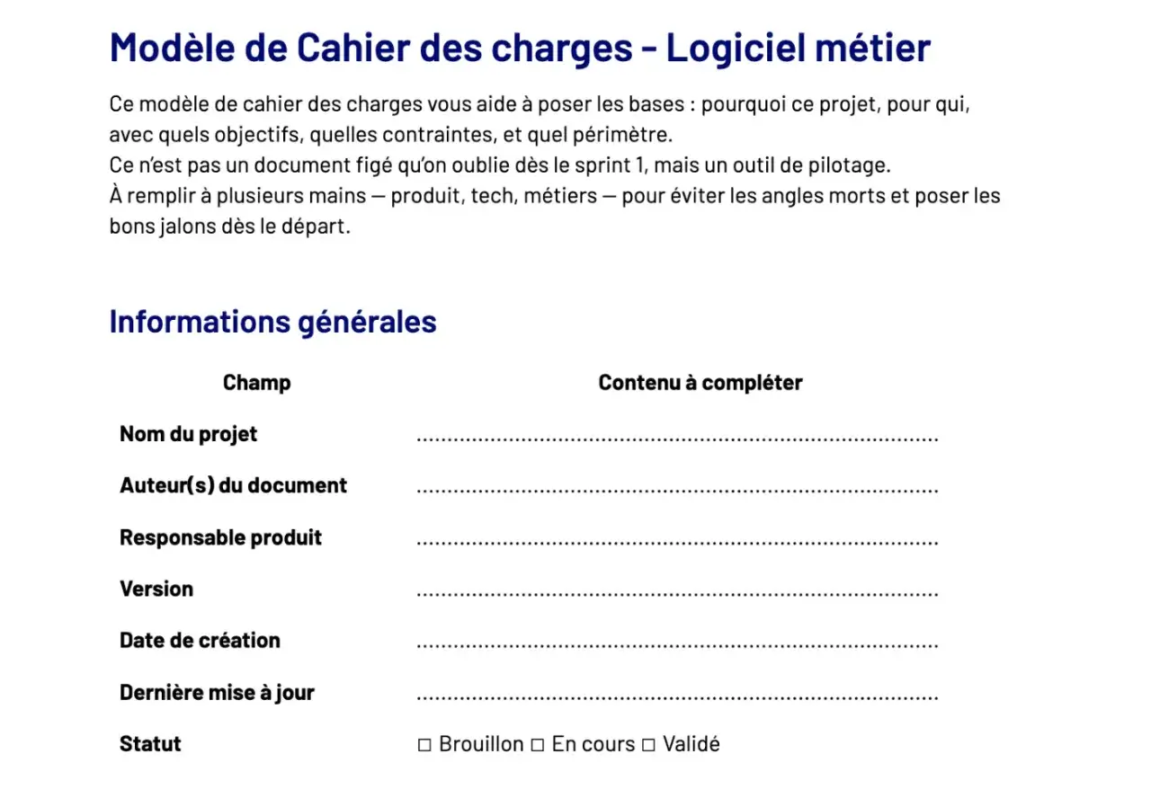 Modèle de cahier des charges pour un logiciel métier, avec champs pour nom, auteur, responsable, version, dates et statut.