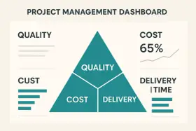 Tableau de bord de gestion de projet : triangle divisé en Qualité, Coût et Délai. Le contrôle de gestion projet est essentiel.