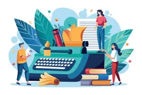 Des gens créatifs autour d'une machine à écrire, un exemple de note d'information sur l'écriture et la lecture.