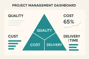 Tableau de bord de gestion de projet : triangle divisé en Qualité, Coût et Délai. Le contrôle de gestion projet est essentiel.