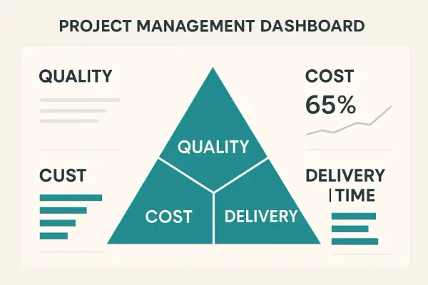 Tableau de bord de gestion de projet : triangle divisé en Qualité, Coût et Délai. Le contrôle de gestion projet est essentiel.