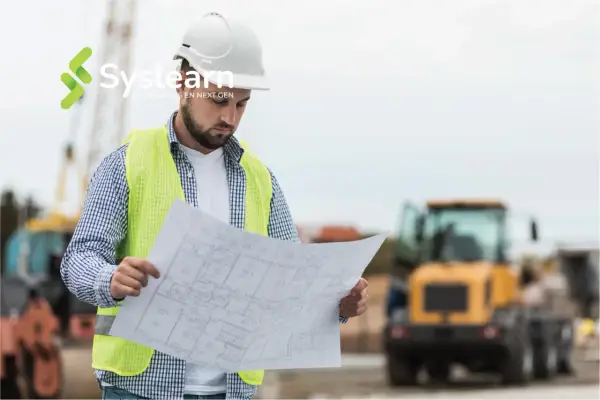 Un chef de projet AMOA, casque blanc et gilet fluo, examine des plans sur un chantier.