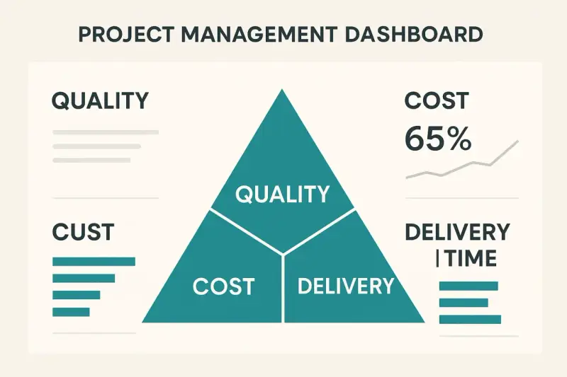 Tableau de bord de gestion de projet : triangle divisé en Qualité, Coût et Délai. Le contrôle de gestion projet est essentiel.