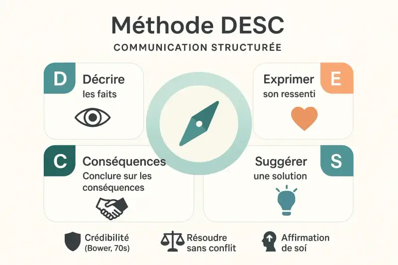 Méthode DESC : Décrire, Exprimer, Suggérer, Conséquences. Un guide pour une communication structurée et une meilleure gestion des relations.