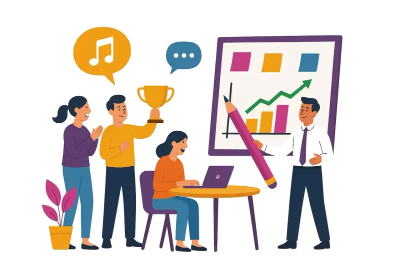 Une équipe célèbre ses succès avec une communication interne originale : trophée, musique, et présentation de graphiques dynamiques.