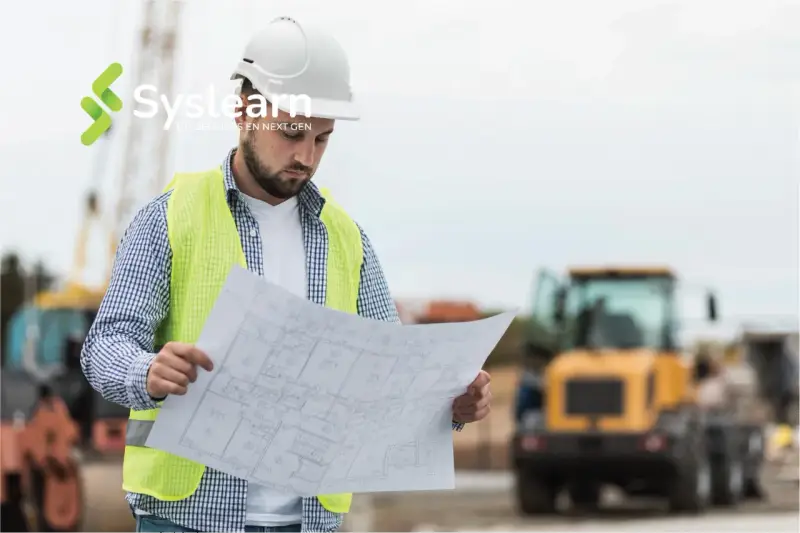 Un chef de projet AMOA, casque blanc et gilet fluo, examine des plans sur un chantier.