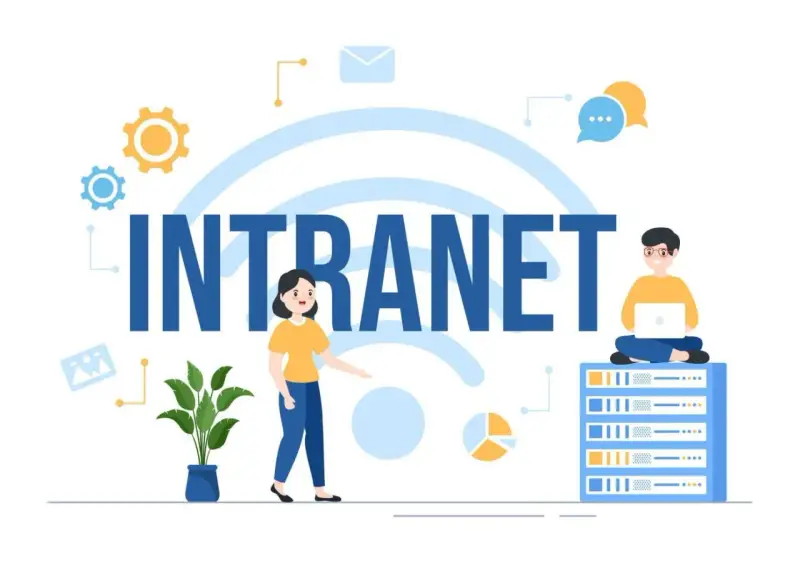 Illustration d'un intranet, avec des icônes de communication et des personnes interagissant avec la technologie pour une communication interne fluide.